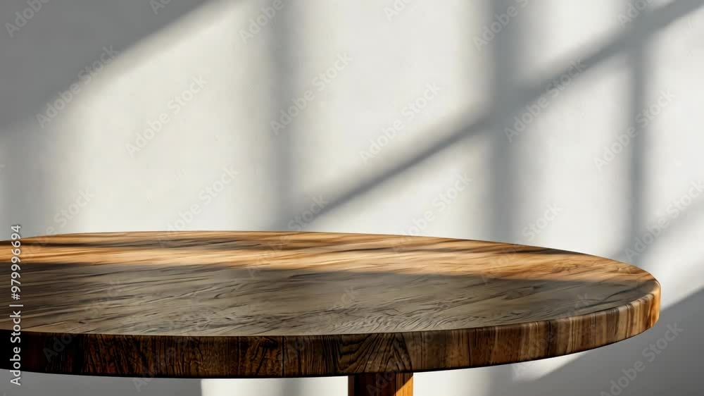 Poster natural light casting shadows on a wooden table in a minimalistic setting during the afternoon