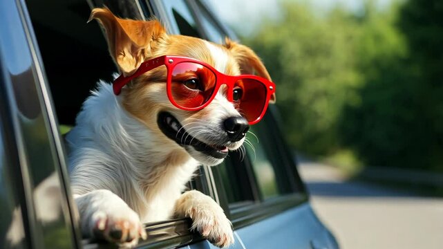 Happy dog enjoying a sunny day with sunglasses in a car on a scenic drive