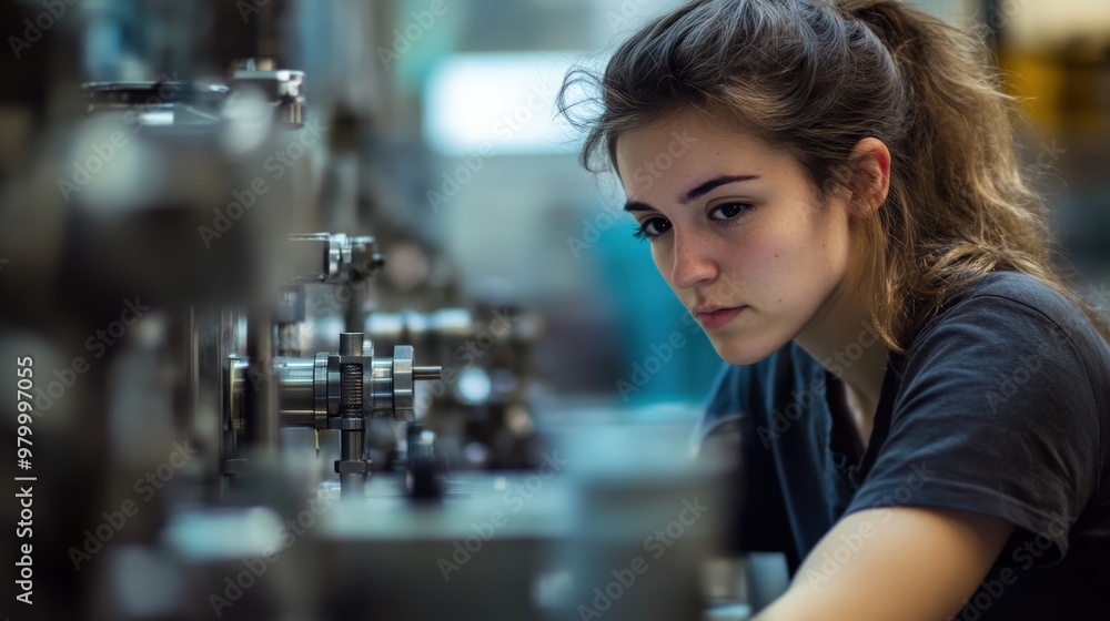 Poster a woman is focused on overseeing machinery in a factory, ensuring all operations run smoothly and ef