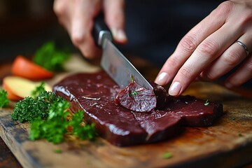 Woman slicing liver with knife on board