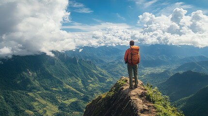 A backpacker standing on a mountain peak, overlooking a breathtaking valley with lush green landscapes and distant mountain ranges