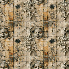 Obraz premium A Tapestry of Ancient Greek Imagery: Mythological Creatures, Celestial Bodies, and Mathematical Formulas Woven into a Vintage Parchment Canvas.