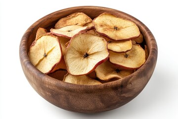 Fototapeta premium Wooden bowl with homemade apple chips isolated on white Healthy snack Top view