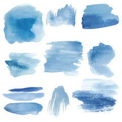 A collection of artistic blue watercolor brush strokes for creative design projects., isolated on a transparent background.