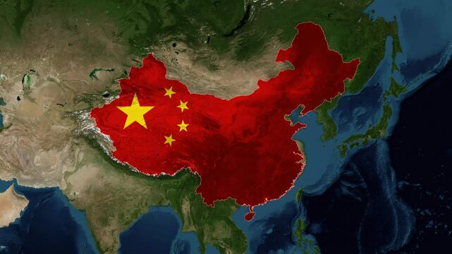 Zoom from Earth to China. (Country Flag) World map animation with highlighted borders of countries. Images from NASA

