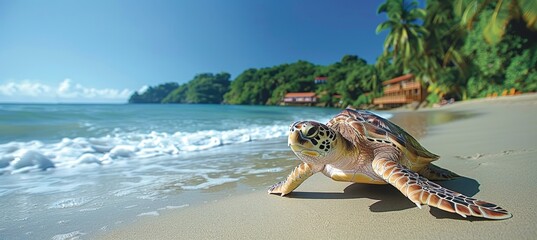 A turtle crawls across warm summer sand by the ocean shoreline in a serene coastal scene