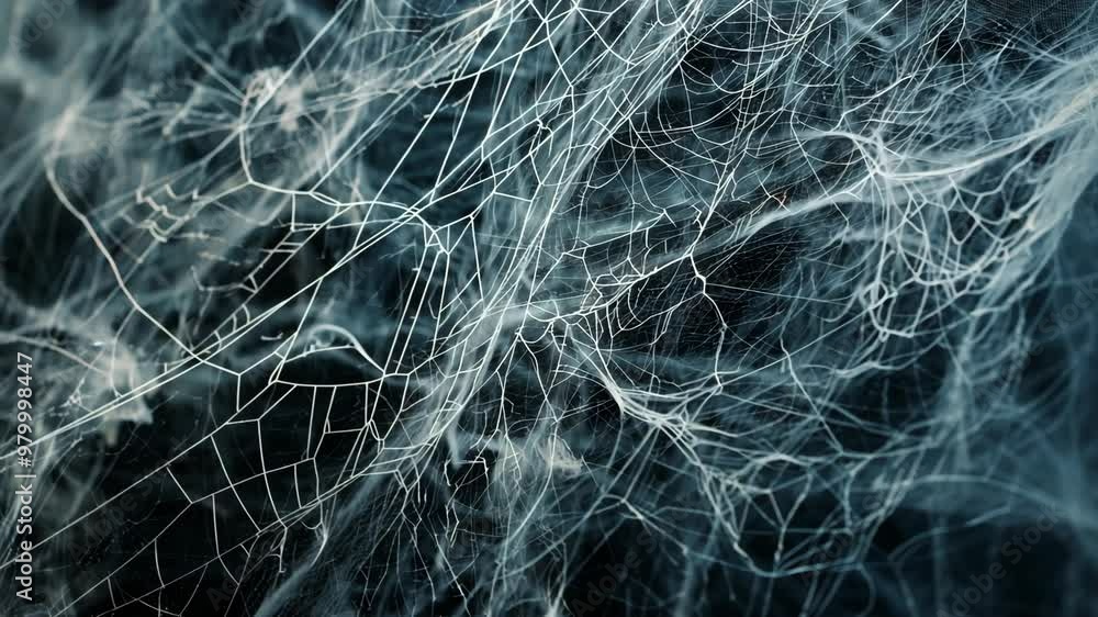 Poster exploring intricate spider web patterns in nature's delicate designs at dawn