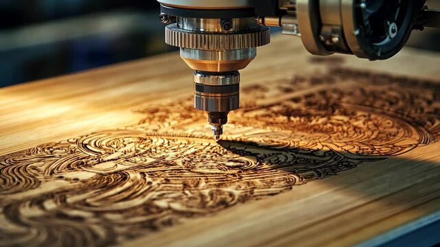 Detailed engraving process on wood using a precision CNC machine in a workshop setting