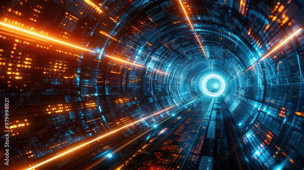 Poster futuristic cyber tunnel illuminated with glowing lights and data flow