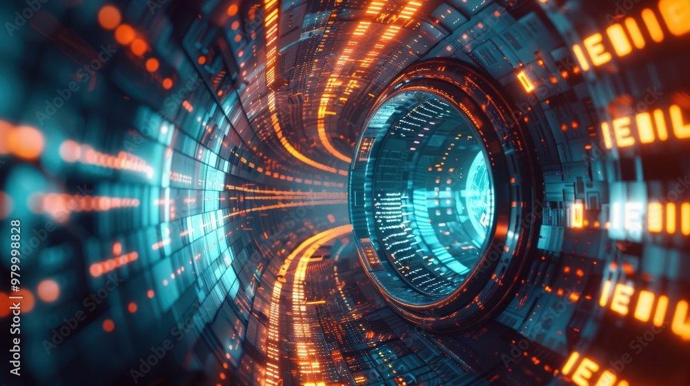Poster futuristic cyber tunnel illuminated with glowing lights and data flow