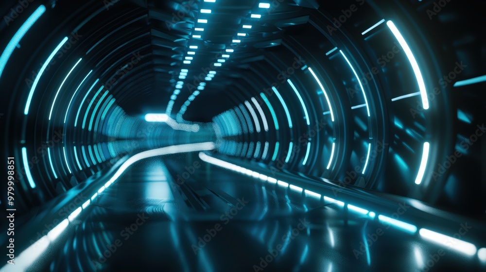 Poster futuristic cyber tunnel illuminated with glowing lights and data flow