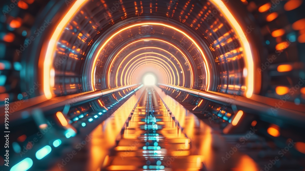 Poster futuristic cyber tunnel illuminated with glowing lights and data flow