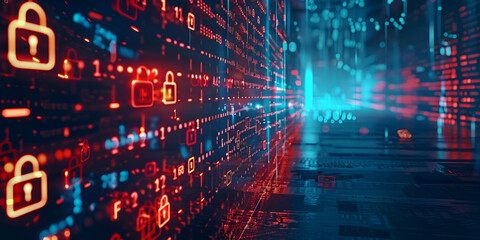 Obraz premium Cybersecurity with Digital Lock Icons, Data Protection in High-Tech System