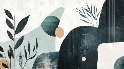   An abstract depiction of flora and fauna against a monochromatic backdrop comprised of white and blue, adorned with a black and gold motif on the canvas'