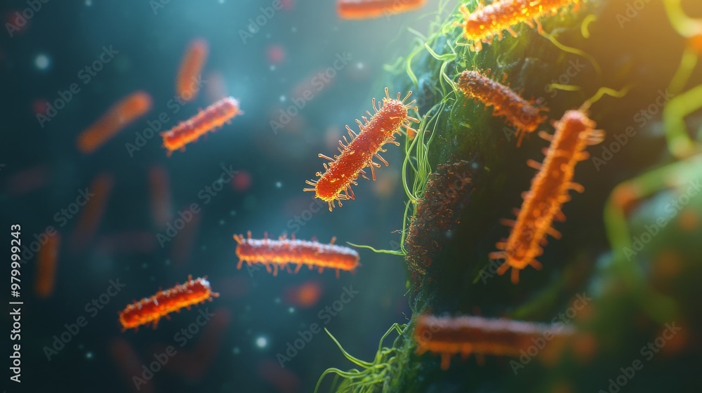 Fototapete the image shows a close-up of several bacteria floating in a liquid. the bacteria are rod-shaped and
