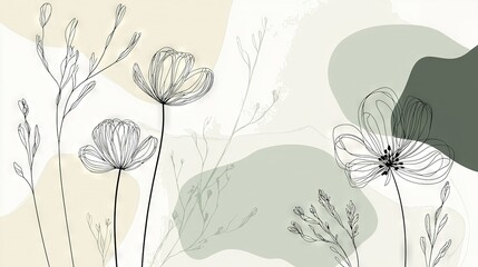 Fototapeta premium A white and green background with a black and white line drawing of a bouquet of flowers