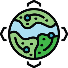 This vector illustration shows a global navigation system displaying a map of the earth, with arrows indicating different directions