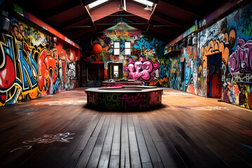 Obraz premium grafitti indoor skate area, skatepark skate hall with a lot of grafiti