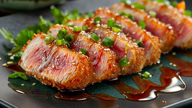 Deliciously crispy pork cutlet served with savory sauce and garnished with scallions