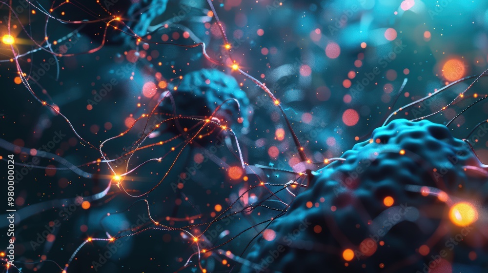 Poster close-up of a neuron with glowing synapses, depicting neural connections and brain activity