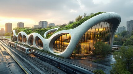 Obraz premium Creative Futuristic Eco-Friendly Building with Organic Design and Urban Integration at Sunset.
