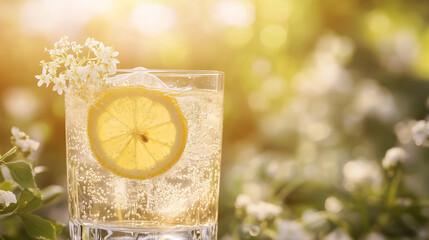 Lemonade with lemon slice and elderflower.