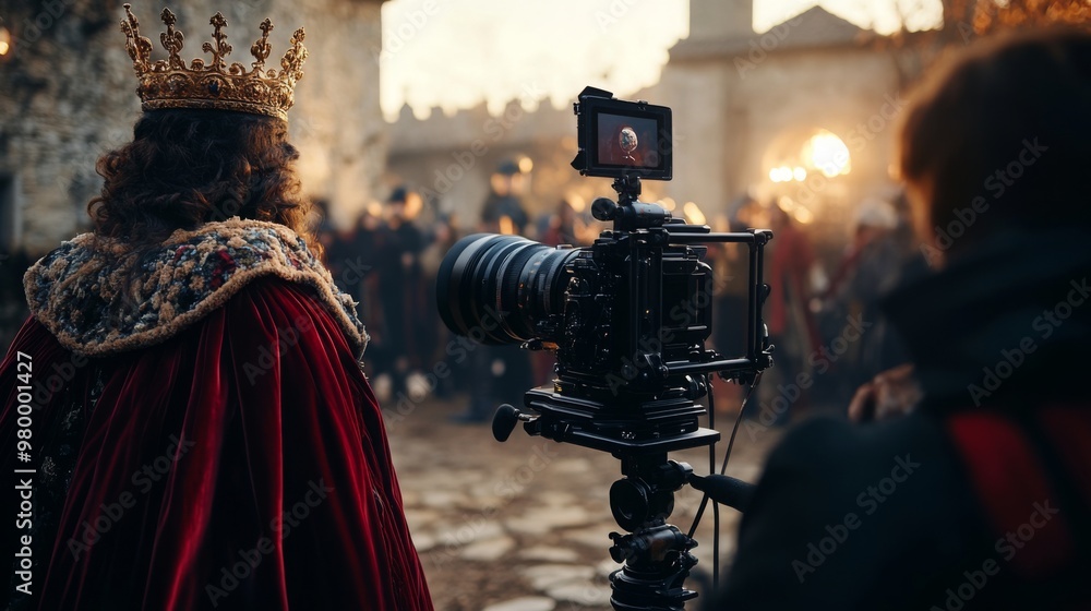 Poster a regal figure adorned in a crown and elaborate robes stands in front of a vintage camera setup duri
