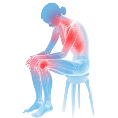 Obraz premium Human figure illustrating joint pain, highlighting areas of discomfort with a vivid red glow against a blue background., isolated on a transparent background.