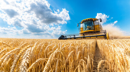 Obraz premium A combine harvester works efficiently in a vast golden wheat field, creating dust clouds beneath a blue sky filled with fluffy white clouds