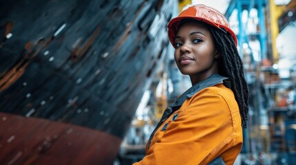 A woman with dreadlocks wearing an orange safety jacket and helmet is overseeing operations at a shipbuilding facility, demonstrating leadership in a technical field