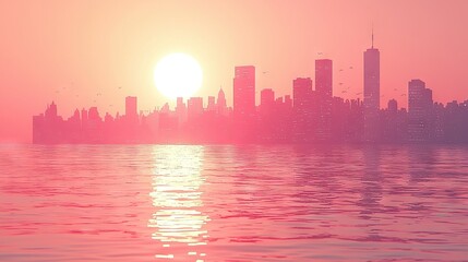 Fototapeta premium A sprawling metropolis surrounded by a tranquil lake and bathed in golden sunlight