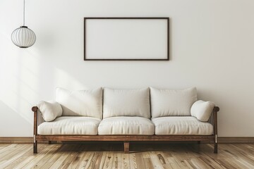 Scandinavian japanese fusion  minimalist decor with light wood floor,paper lantern, and stylish sofa