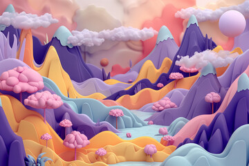 Obraz premium A colorful fantasy 3D landscape scene with polygonal mountains, trees, plants and floating clouds and large white sun