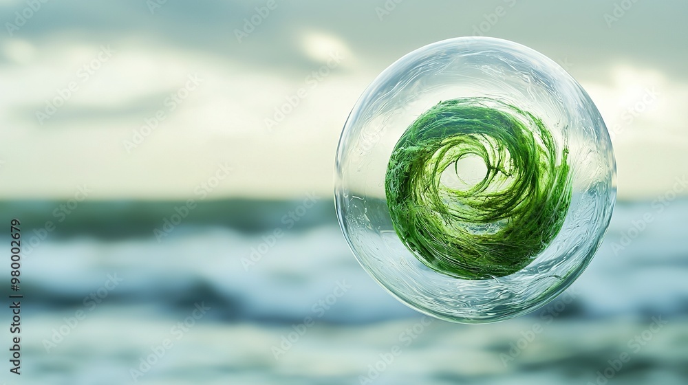 Sticker   Glass ball with green swirl on cloudy day with water in background