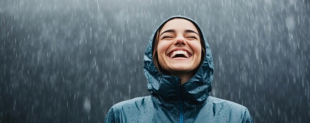 Optimistic Sagittarius woman laughing in the rain, showcasing her positive and adventurous spirit