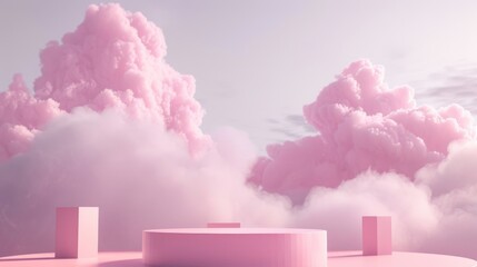 A soft pink podium sits atop a platform surrounded by billowy clouds under a pastel sky, offering an ideal backdrop for displaying elegant products and designs