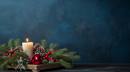 Christmas table warm lighting, dark blue wall background
