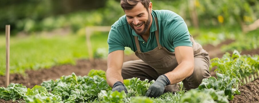 Resourceful Virgo man in a vegetable garden, showcasing his practical skills and care for detail
