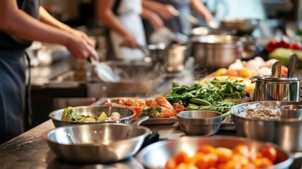 A cooking class setting where participants are learning to prepare wholesome dishes, with ingredients laid out on the kitchen counter