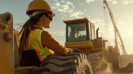 A woman wearing safety gear confidently operates heavy machinery at a construction site, with the sun setting in the background, casting a warm glow