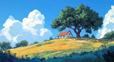 A house on a hill under an oak tree, in the style of children's book illustration, with a blue sky background,a big landscape view