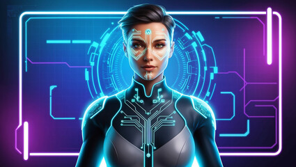 A futuristic cyborg woman with digital circuit patterns on her face and suit, set against a high-tech neon background, embodying advanced artificial intelligence and cybernetics.