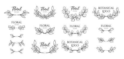 Hand drawn floral frames with flowers, branch and leaves. Elegant logo template. Delicate botanical borders and wreaths in line art and silhouette style. Vector illustration for invitation, card, logo