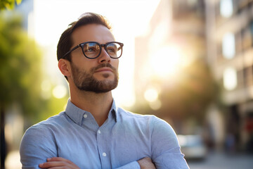 Obraz premium Mann mit Brille und Bart, blaues Hemd, verschränkte Arme