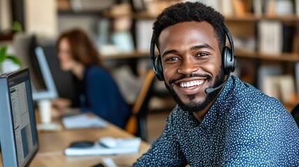 Friendly Customer Service Representative Smiling While Working in Office
