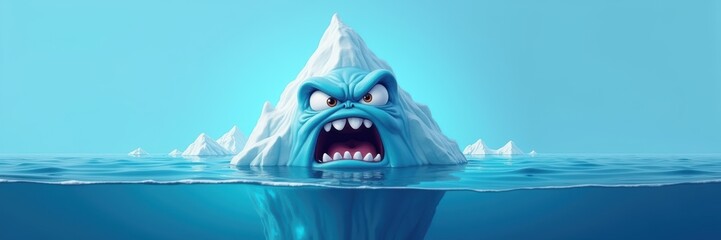 A playful, cartoonish iceberg with an angry face, symbolizing fun underwater adventures. Perfect for children's media, games, or environmental themes.
