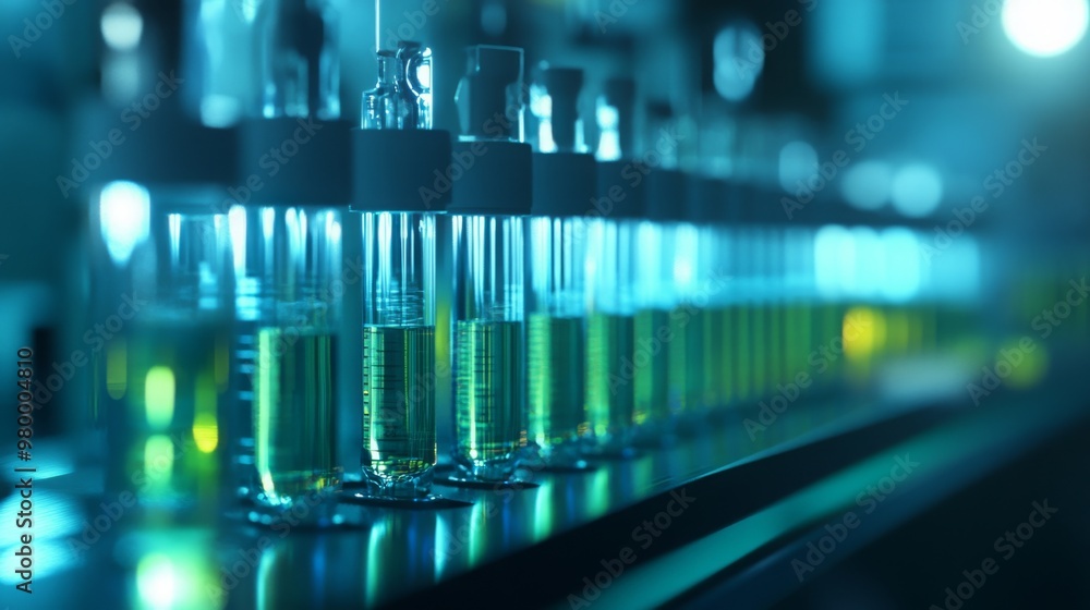 Poster rows of test tubes filled with vibrant liquids are illuminated by soft blue lighting, showcasing a l