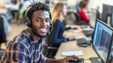 Obraz premium Smiling Call Center Agent Using Headset to Assist Clients Over Phone