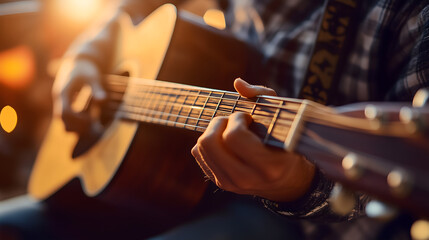 Close-up of hands playing guitar outdoors with sunset in the background. International Mariachi Day - European Music Day