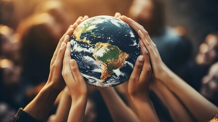 Diverse Hands Holding Globe Symbolizing Cooperation for Planet Preservation and Environmental Care